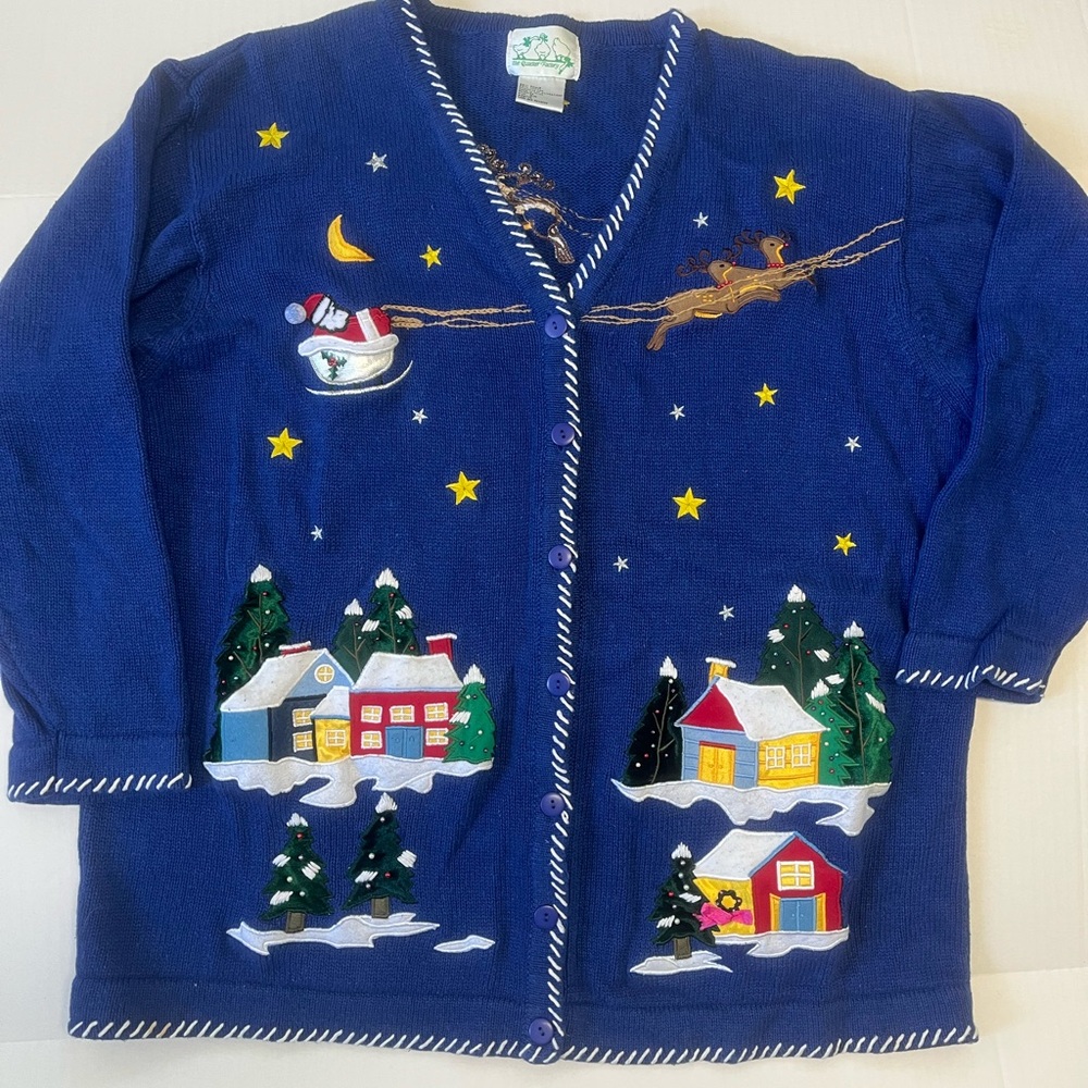 Vintage Quacker factory 2X blue Christmas cardigan sweater Santa sleigh tree